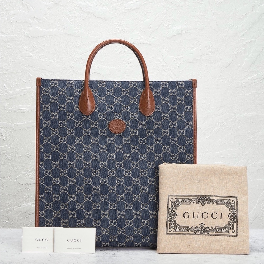 Gucci navy GG denim tote with brown leather trim